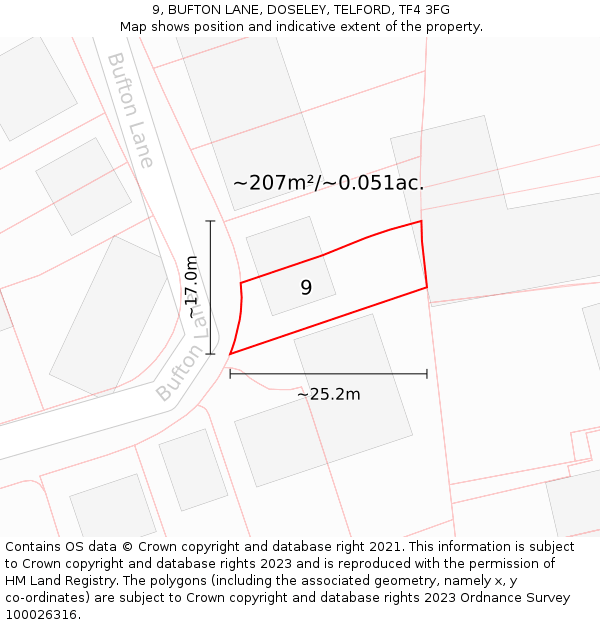 9, BUFTON LANE, DOSELEY, TELFORD, TF4 3FG: Plot and title map