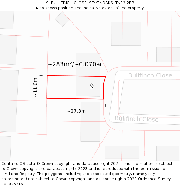 9, BULLFINCH CLOSE, SEVENOAKS, TN13 2BB: Plot and title map