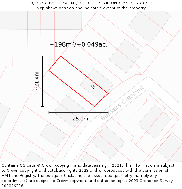 9, BUNKERS CRESCENT, BLETCHLEY, MILTON KEYNES, MK3 6FP: Plot and title map