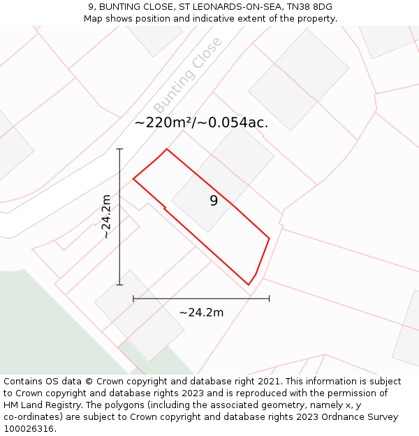 9, BUNTING CLOSE, ST LEONARDS-ON-SEA, TN38 8DG: Plot and title map