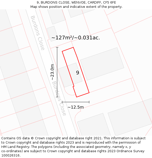 9, BURDONS CLOSE, WENVOE, CARDIFF, CF5 6FE: Plot and title map