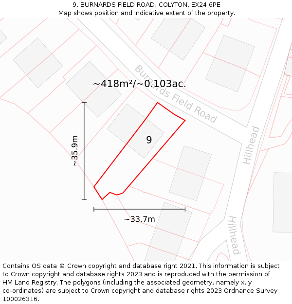 9, BURNARDS FIELD ROAD, COLYTON, EX24 6PE: Plot and title map
