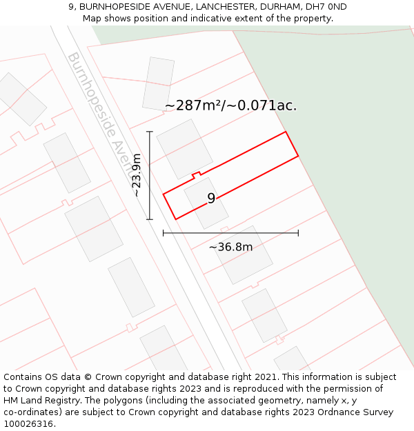 9, BURNHOPESIDE AVENUE, LANCHESTER, DURHAM, DH7 0ND: Plot and title map