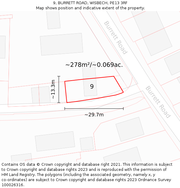 9, BURRETT ROAD, WISBECH, PE13 3RF: Plot and title map