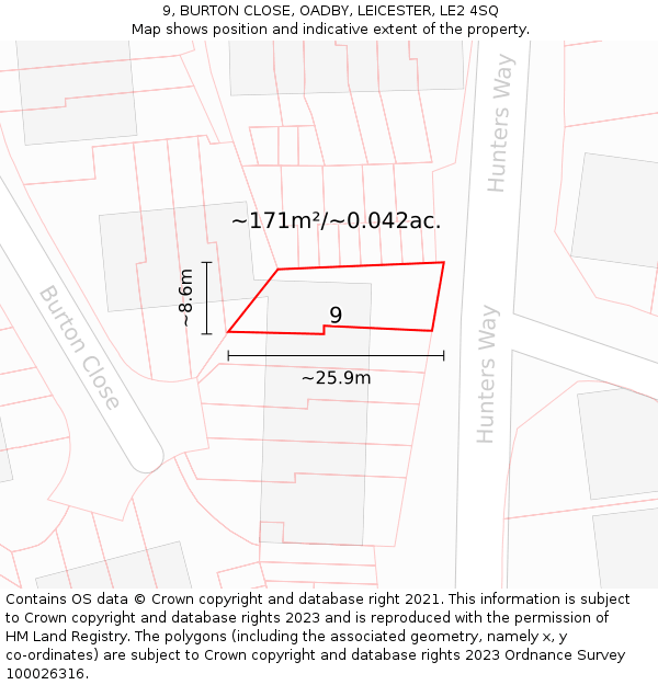 9, BURTON CLOSE, OADBY, LEICESTER, LE2 4SQ: Plot and title map
