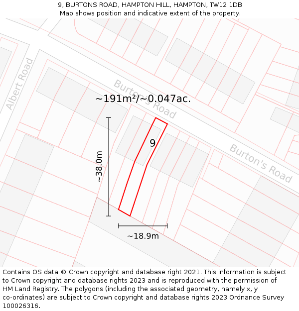 9, BURTONS ROAD, HAMPTON HILL, HAMPTON, TW12 1DB: Plot and title map
