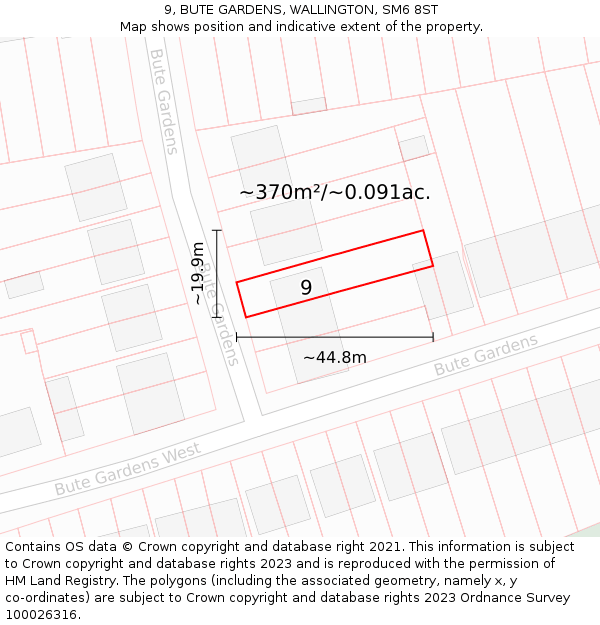 9, BUTE GARDENS, WALLINGTON, SM6 8ST: Plot and title map
