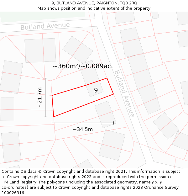 9, BUTLAND AVENUE, PAIGNTON, TQ3 2RQ: Plot and title map