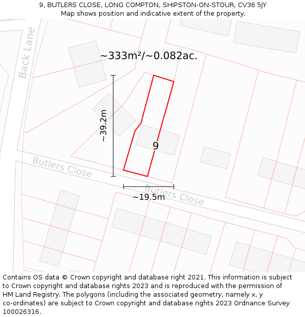 9, BUTLERS CLOSE, LONG COMPTON, SHIPSTON-ON-STOUR, CV36 5JY: Plot and title map