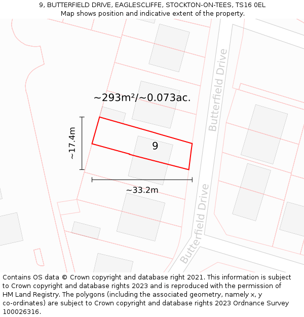9, BUTTERFIELD DRIVE, EAGLESCLIFFE, STOCKTON-ON-TEES, TS16 0EL: Plot and title map