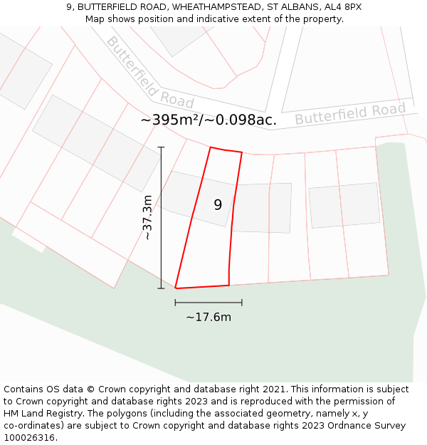 9, BUTTERFIELD ROAD, WHEATHAMPSTEAD, ST ALBANS, AL4 8PX: Plot and title map