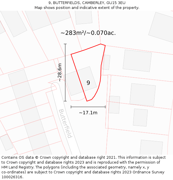 9, BUTTERFIELDS, CAMBERLEY, GU15 3EU: Plot and title map