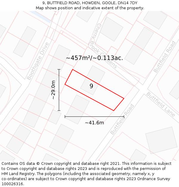 9, BUTTFIELD ROAD, HOWDEN, GOOLE, DN14 7DY: Plot and title map