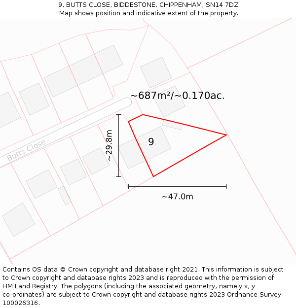 9, BUTTS CLOSE, BIDDESTONE, CHIPPENHAM, SN14 7DZ: Plot and title map