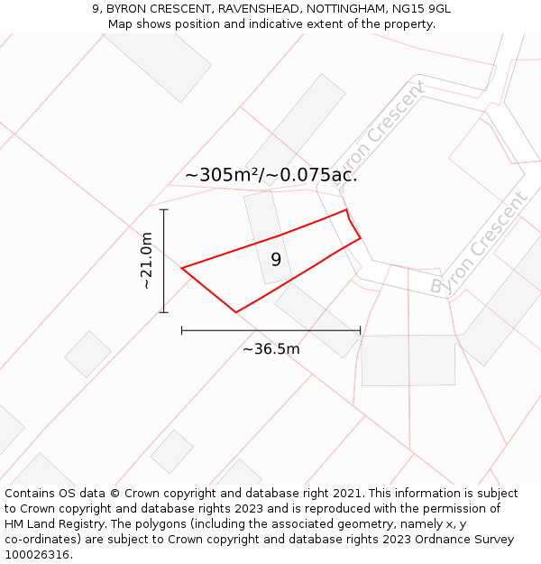 9, BYRON CRESCENT, RAVENSHEAD, NOTTINGHAM, NG15 9GL: Plot and title map