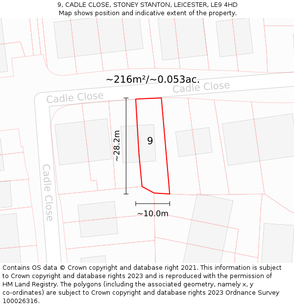 9, CADLE CLOSE, STONEY STANTON, LEICESTER, LE9 4HD: Plot and title map