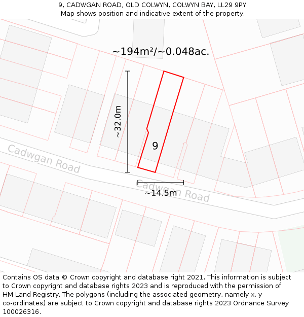9, CADWGAN ROAD, OLD COLWYN, COLWYN BAY, LL29 9PY: Plot and title map