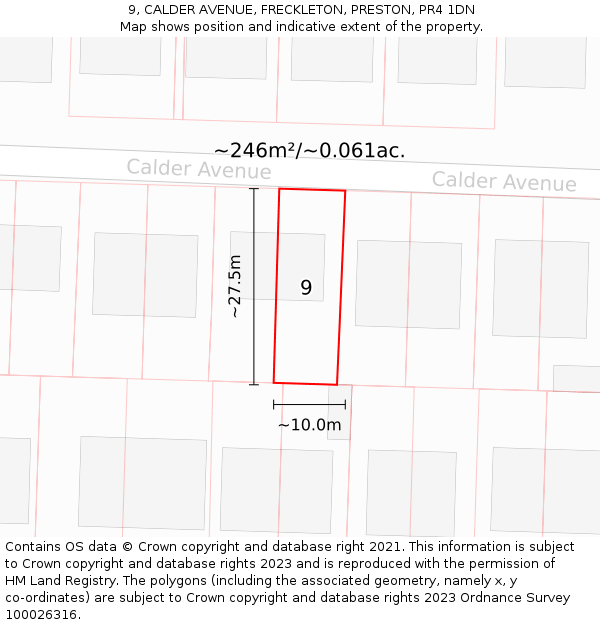 9, CALDER AVENUE, FRECKLETON, PRESTON, PR4 1DN: Plot and title map