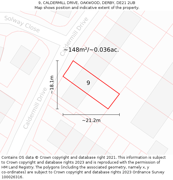 9, CALDERMILL DRIVE, OAKWOOD, DERBY, DE21 2UB: Plot and title map