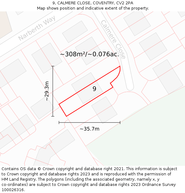 9, CALMERE CLOSE, COVENTRY, CV2 2PA: Plot and title map