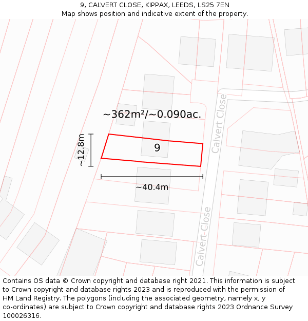 9, CALVERT CLOSE, KIPPAX, LEEDS, LS25 7EN: Plot and title map
