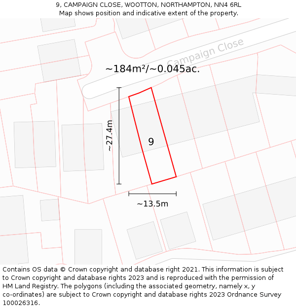 9, CAMPAIGN CLOSE, WOOTTON, NORTHAMPTON, NN4 6RL: Plot and title map