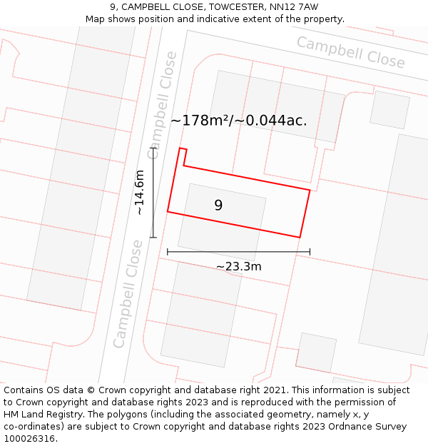 9, CAMPBELL CLOSE, TOWCESTER, NN12 7AW: Plot and title map