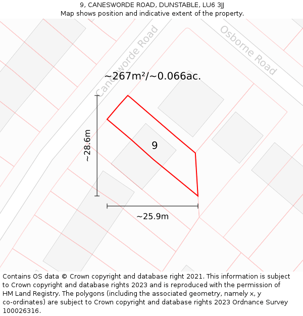 9, CANESWORDE ROAD, DUNSTABLE, LU6 3JJ: Plot and title map