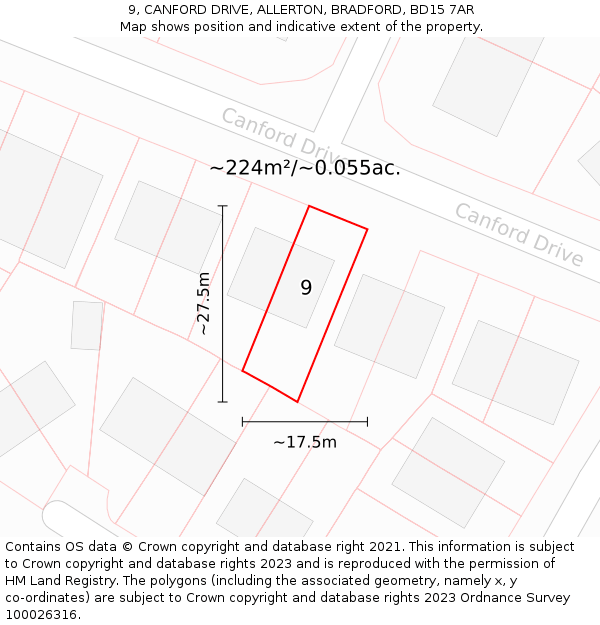 9, CANFORD DRIVE, ALLERTON, BRADFORD, BD15 7AR: Plot and title map