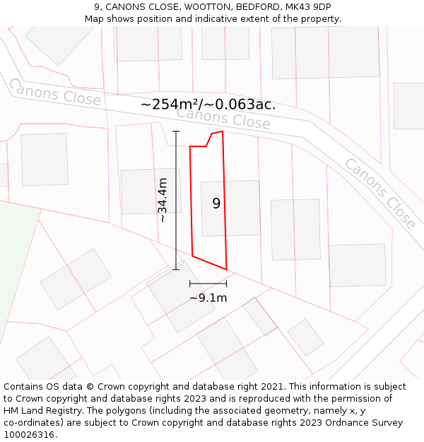 9, CANONS CLOSE, WOOTTON, BEDFORD, MK43 9DP: Plot and title map
