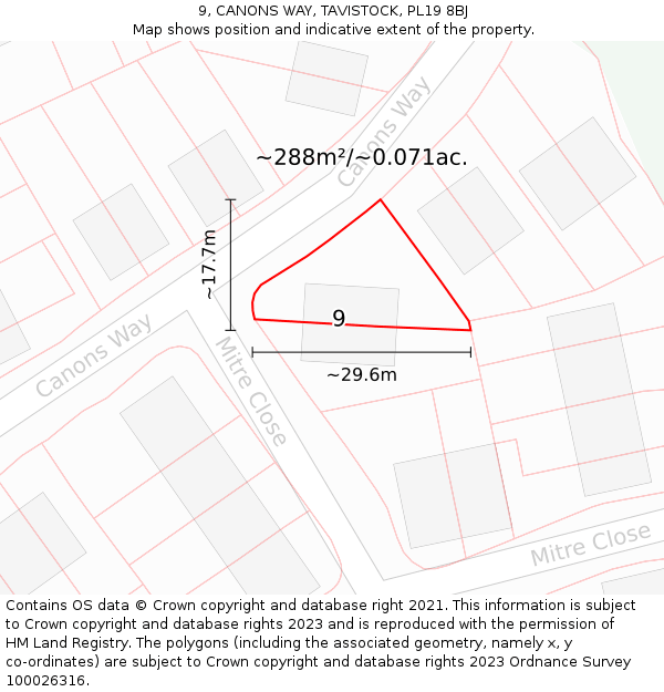 9, CANONS WAY, TAVISTOCK, PL19 8BJ: Plot and title map