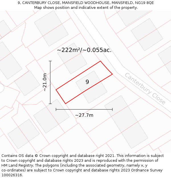 9, CANTERBURY CLOSE, MANSFIELD WOODHOUSE, MANSFIELD, NG19 8QE: Plot and title map