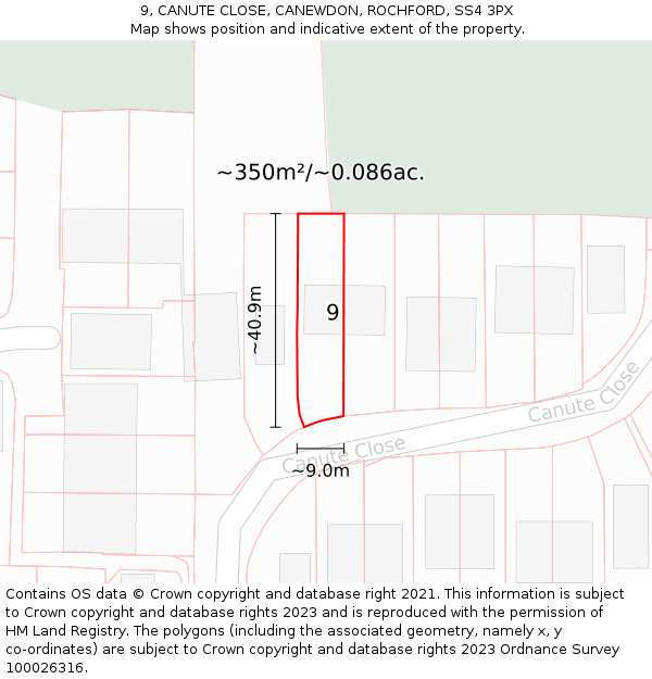 9, CANUTE CLOSE, CANEWDON, ROCHFORD, SS4 3PX: Plot and title map