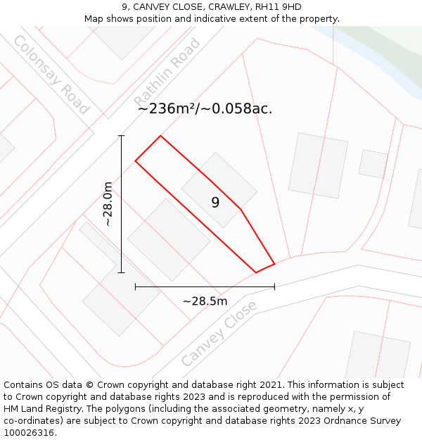 9, CANVEY CLOSE, CRAWLEY, RH11 9HD: Plot and title map