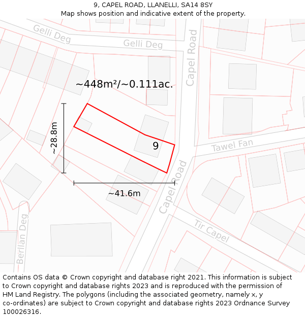 9, CAPEL ROAD, LLANELLI, SA14 8SY: Plot and title map