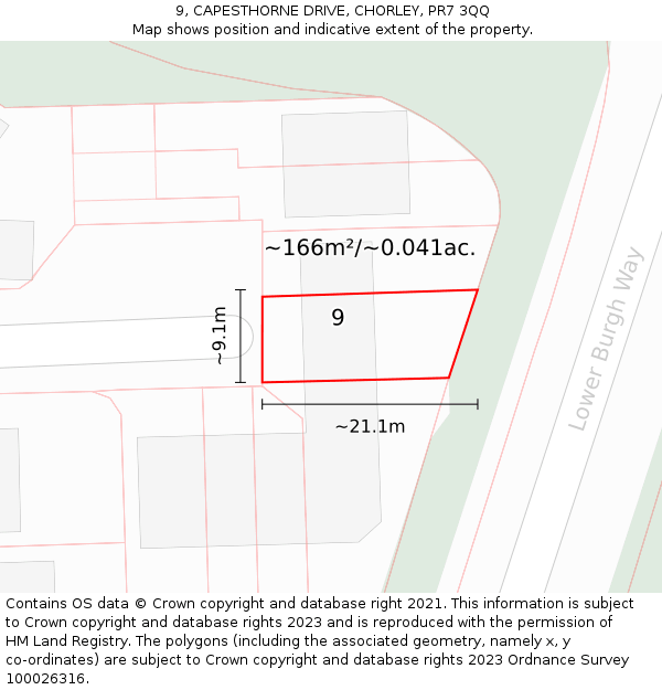 9, CAPESTHORNE DRIVE, CHORLEY, PR7 3QQ: Plot and title map