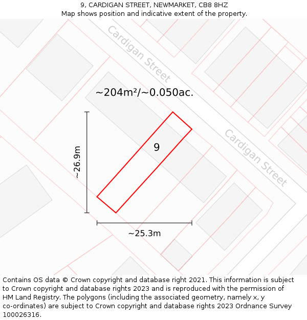 9, CARDIGAN STREET, NEWMARKET, CB8 8HZ: Plot and title map