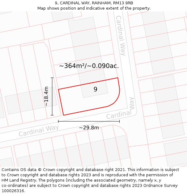 9, CARDINAL WAY, RAINHAM, RM13 9RB: Plot and title map