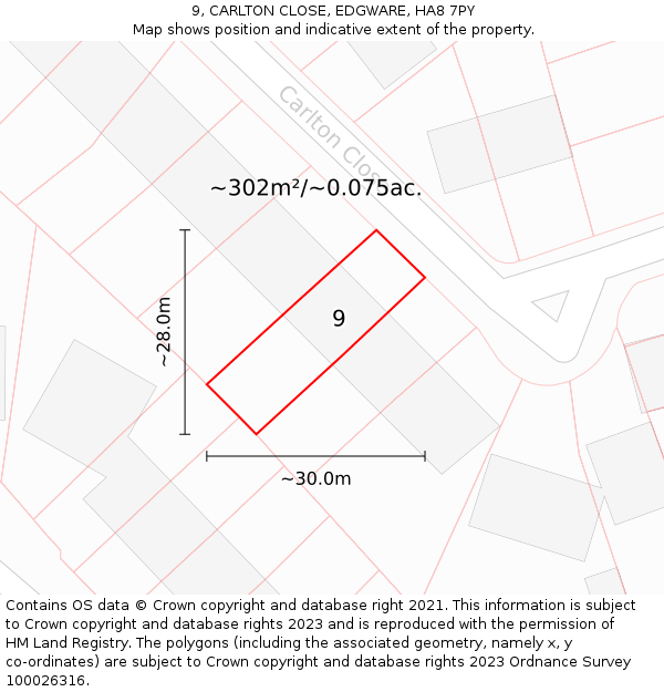 9, CARLTON CLOSE, EDGWARE, HA8 7PY: Plot and title map