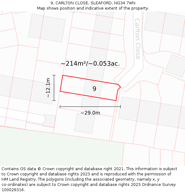 9, CARLTON CLOSE, SLEAFORD, NG34 7WN: Plot and title map