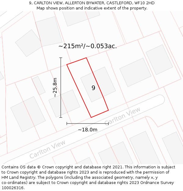 9, CARLTON VIEW, ALLERTON BYWATER, CASTLEFORD, WF10 2HD: Plot and title map