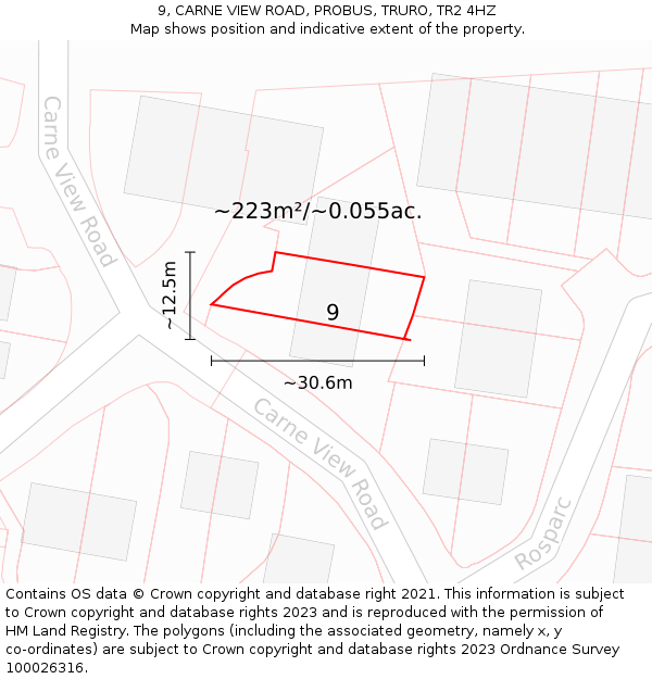 9, CARNE VIEW ROAD, PROBUS, TRURO, TR2 4HZ: Plot and title map