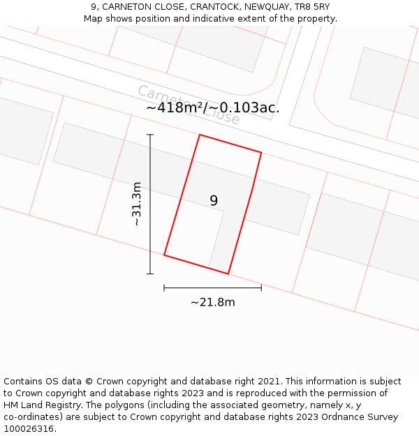 9, CARNETON CLOSE, CRANTOCK, NEWQUAY, TR8 5RY: Plot and title map