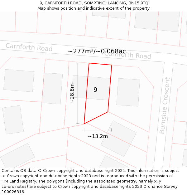 9, CARNFORTH ROAD, SOMPTING, LANCING, BN15 9TQ: Plot and title map