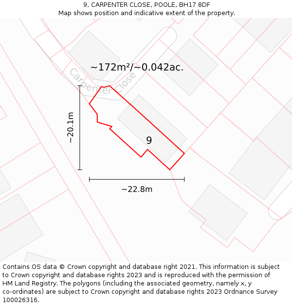 9, CARPENTER CLOSE, POOLE, BH17 8DF: Plot and title map