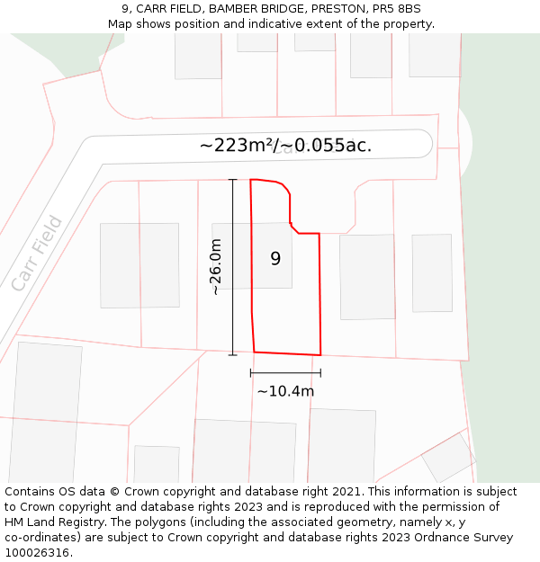 9, CARR FIELD, BAMBER BRIDGE, PRESTON, PR5 8BS: Plot and title map