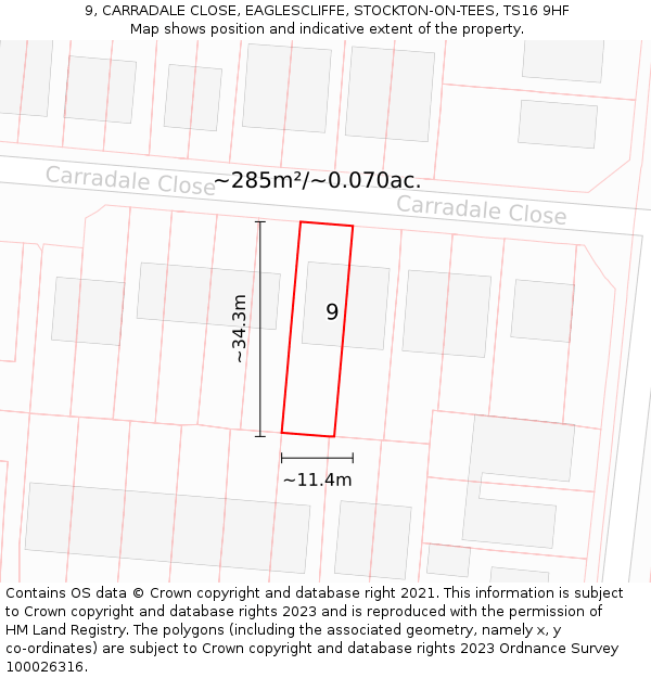 9, CARRADALE CLOSE, EAGLESCLIFFE, STOCKTON-ON-TEES, TS16 9HF: Plot and title map