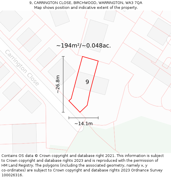 9, CARRINGTON CLOSE, BIRCHWOOD, WARRINGTON, WA3 7QA: Plot and title map