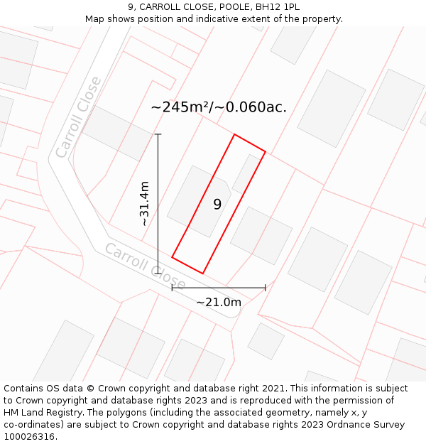 9, CARROLL CLOSE, POOLE, BH12 1PL: Plot and title map
