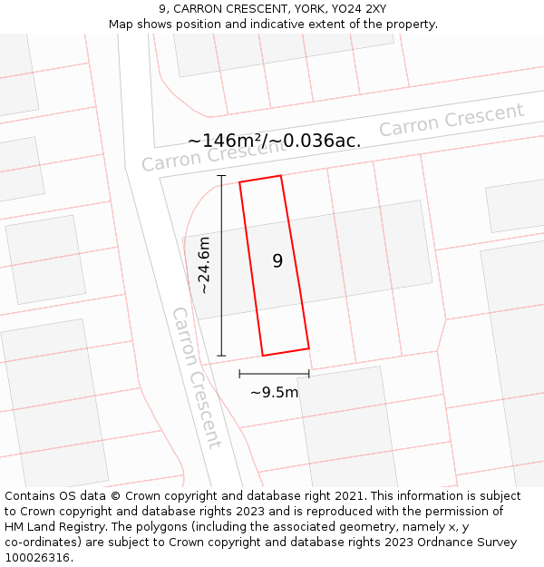 9, CARRON CRESCENT, YORK, YO24 2XY: Plot and title map